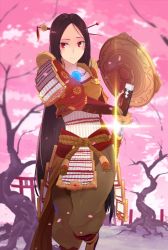 Rule 34 | 1girl, amaterasu (smite), armor, baggy pants, black hair, cherry, cherry blossoms, food, fruit, hair ornament, highres, hsin, katana, lens flare, long hair, looking at viewer, pants, red eyes, sheath, shield, smile, smite, solo, sword, unsheathing, very long hair, weapon