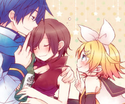 Rule 34 | 1boy, 2girls, alcohol, arm warmers, blonde hair, blue eyes, blue hair, blush, bow, breasts, brown hair, cleavage, closed eyes, drunk, finger to mouth, hair bow, hair ornament, hairclip, kagamine rin, kaito (vocaloid), long sleeves, looking at another, meiko (vocaloid), multiple girls, popped collar, sailor collar, sake, scarf, short hair, simple background, sleeping, sleeveless, smile, tsuyuka (sunny spot), vocaloid