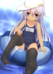 Rule 34 | 10s, 1girl, :o, aqua eyes, aqua hair, bare shoulders, black thighhighs, feet, flat cap, foot focus, hammer and sickle, hand on own knee, hat, hibiki (kancolle), highres, hionhk, innertube, kantai collection, name tag, one-piece swimsuit, one-piece tan, school swimsuit, socks, solo, swim ring, swimsuit, tan, tanline, thighhighs, toe scrunch, verniy (kancolle)