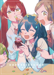 Rule 34 | 4girls, ahoge, alternate costume, birthday, blue hair, blush, bow, brown eyes, brown hair, character name, closed mouth, commentary, confetti, cupcake, cynthia (fire emblem), english commentary, english text, closed eyes, fire emblem, fire emblem awakening, food, green hair, hair ornament, happy birthday, highres, holding, holding food, long hair, looking at viewer, lucina (fire emblem), multiple girls, nah (fire emblem), nintendo, oneroom-disco, open mouth, party horn, party popper, purple eyes, red bow, red hair, school uniform, severa (fire emblem), shirt, short hair, smile, tiara, twintails, uniform, vest, white shirt