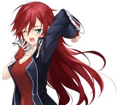 Rule 34 | 1girl, black jacket, blue eyes, breasts, celis ortesia, cleavage, collar, covering own mouth, eiyuu densetsu, falcom, fingerless gloves, gloves, hakuleg, hand over own mouth, jacket, kuro no kiseki, long hair, long sleeves, medium breasts, one eye closed, red gloves, red hair, red shirt, shirt, solo, stretching, tears, white background, yawning