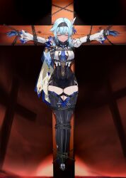 Rule 34 | 1girl, black hairband, blue cape, blue hair, blue necktie, boots, bound, cape, chain, closed eyes, clothing cutout, cross, crucifixion, eula (genshin impact), genshin impact, gloves, hairband, high-waist shorts, highres, kusaka souji, medium hair, necktie, outstretched arms, shorts, shoulder cutout, solo, thick thighs, thigh boots, thighhighs, thighs, vision (genshin impact), wide sleeves