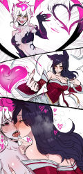 Rule 34 | 2girls, absurdres, ahri (league of legends), animal ears, bad id, bad pixiv id, bare shoulders, black hair, blush, grabbing another&#039;s breast, breasts, claws, cleavage, comic, detached sleeves, evelynn (league of legends), facial mark, fox ears, fox tail, french kiss, grabbing, heart, highres, kiss, korean clothes, large breasts, league of legends, lipstick, long hair, makeup, multiple girls, multiple tails, open mouth, purple hair, ratatatat74, saliva, smile, tail, tongue, whisker markings, yellow eyes, yuri