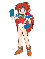 Rule 34 | 1990s (style), armor, blue eyes, blue gloves, blue headband, breastplate, elf, falcom, gloves, headband, jewelry, leotard, long hair, looking at viewer, mail (popful mail), pauldrons, pointy ears, popful mail, red hair, retro artstyle, shoulder armor, shoulder pads, smile, solo, very long hair, white leotard, wizard