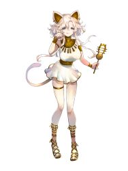 Rule 34 | 1girl, animal ears, armlet, bracelet, breasts, calflet, cat ears, cat tail, dairoku ryouhei, dress, edith echelle, full body, hand up, jewelry, licking lips, looking at viewer, medium breasts, paw pose, romayasu, sandals, short hair with long locks, sistrum, solo, standing, tail, tongue, tongue out, transparent background, white dress, white hair