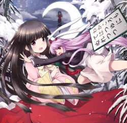 Rule 34 | 3girls, animal ears, bamboo, black footwear, black hair, black skirt, blouse, bow, cloud, commentary request, crescent moon, flying, head tilt, highres, hime cut, houraisan kaguya, jacket, light purple hair, long hair, long sleeves, looking at viewer, mini person, minigirl, miyako yoshika, mizumoto tadashi, moon, multiple girls, night, night sky, no headwear, open mouth, outdoors, outstretched arm, outstretched arms, pantyhose, pink shirt, purple eyes, rabbit ears, rabbit tail, red eyes, red shirt, red skirt, reisen udongein inaba, shirt, short sleeves, sidelocks, sign, sitting, skirt, sky, snow, star (sky), starry sky, suit jacket, tail, touhou, translation request, tree, very long hair, white legwear, white neckwear, white shirt, zombie pose