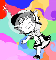 Rule 34 | 1girl, cabbie hat, chibi, chinese clothes, closed eyes, commentary request, full body, greyscale with colored background, grimay, hat, jiangshi, lace-trimmed sleeves, lace trim, miyako yoshika, multicolored background, neck ribbon, non porn, ofuda, open mouth, ribbon, short hair, short sleeves, smile, solo, tangzhuang, touhou