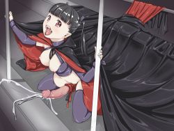 Rule 34 | 1futa, black hair, breasts, cape, cum, ejaculation, erection, fangs, futanari, handsfree ejaculation, kneeling, large breasts, large penis, monster girl, nipples, open mouth, penis, penis ribbon, pointy ears, ribbon, saliva, solo, testicles, thighhighs, third-party edit, twintails, uncensored, vampire, yozora
