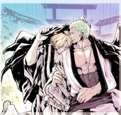 Rule 34 | 2boys, alternate hairstyle, blonde hair, couple, earrings, feet out of frame, green hair, head on another&#039;s shoulder, jacket, jacket on shoulders, japanese clothes, jewelry, kimono, male focus, multiple boys, official alternate costume, one piece, pectoral cleavage, pectorals, pra (prapon0904), rain, roronoa zoro, sanji (one piece), scar, scar on chest, sheath, sheathed, short hair, sideburns, single earring, striped clothes, striped kimono, toned, toned male, wet, yaoi