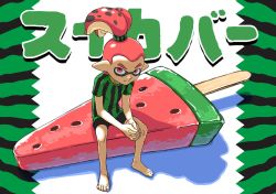 Rule 34 | 1boy, barefoot, food, fruit, high ponytail, highres, inkling, inkling boy, inkling player character, kona (19911212), male focus, nintendo, own hands clasped, own hands together, pink eyes, pink hair, pointy ears, ponytail, popsicle, shirt, shorts, sitting, solo, splatoon (series), splatoon 1, striped clothes, striped shirt, tentacle hair, topknot, watermelon, watermelon bar