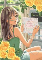 Rule 34 | 1girl, absurdres, brown hair, cardiogram, flower, green eyes, gucheng jianglixiang, highres, holding, holding paper, intravenous drip, long hair, looking at viewer, looking back, nasal cannula, open mouth, original, paper, rose, shorts, sitting, smile, solo, tank top, translation request, window