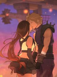 Rule 34 | 1boy, 1girl, aircraft, airship, armor, bare shoulders, bike shorts under skirt, black hair, black skirt, blonde hair, breasts, closed eyes, cloud strife, couple, crop top, detached sleeves, earrings, final fantasy, final fantasy vii, final fantasy vii remake, highres, highwind, holding hands, jewelry, kiss, large breasts, long hair, low-tied long hair, outdoors, shillo, shoulder armor, skirt, sleeveless, sleeveless turtleneck, suspender skirt, suspenders, sweater, tank top, tifa lockhart, turtleneck, turtleneck sweater, white tank top