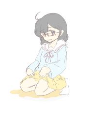 Rule 34 | 1girl, absurdres, ahoge, black hair, blue eyes, blue shirt, blush, character request, clothes lift, embarrassed, female focus, flat chest, full body, glasses, highres, kneeling, lifting own clothes, long sleeves, looking at viewer, miniskirt, neck ribbon, nose blush, open mouth, ori (reversed orih), pee, peed self, pink ribbon, puddle, ribbon, shirt, short hair, simple background, sketch, skirt, skirt lift, socks, solo, tears, white background, white socks, yellow skirt