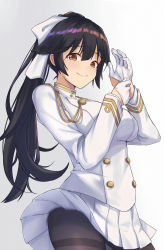 Rule 34 | 1girl, adjusting clothes, adjusting gloves, aiguillette, azur lane, black hair, black pantyhose, breasts, brown eyes, buttons, closed mouth, contrapposto, cowboy shot, double-breasted, from side, gloves, gradient background, grey background, hair between eyes, hair ribbon, half gloves, hands up, highres, itachi kanade, jacket, large breasts, long hair, long sleeves, looking at viewer, military, military jacket, military uniform, miniskirt, pantyhose, pleated skirt, ponytail, ribbon, sideways glance, skirt, smile, solo, standing, takao (azur lane), tareme, thighband pantyhose, uniform, white gloves, white jacket, white ribbon, white skirt, wind, wind lift
