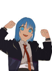 Rule 34 | 1girl, black jacket, blue eyes, blue hair, clenched hands, collared shirt, commentary request, erika (mads ez), hands up, highres, indonesian commentary, jacket, long sleeves, looking at viewer, mads ez, necktie, open clothes, open jacket, open mouth, original, red necktie, school uniform, shade, shirt, short hair, solo, upper body, white shirt
