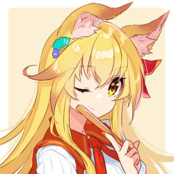 Rule 34 | 1girl, ;), animal ear fluff, animal ears, blonde hair, blouse, fan hair ornament, fan to mouth, folded fan, folding fan, fox ears, fox girl, hair between eyes, hand fan, hand up, hisana, holding, holding fan, long hair, looking at viewer, nail polish, one eye closed, orange nails, original, portrait, shirt, simple background, smile, solo, white shirt, yellow eyes