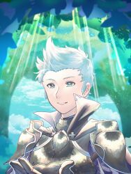 Rule 34 | 1boy, absurdres, collared cape, fire emblem, fire emblem fates, gloves, grey eyes, grey hair, highres, looking at viewer, male focus, nintendo, portrait, quiff, silas (fire emblem), smile, solo, sunlight, teitokunanodesu