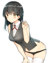 Rule 34 | 1girl, bad id, bad pixiv id, bare arms, bare shoulders, black hair, black panties, black vest, blush, breasts, brown eyes, closed mouth, collared shirt, commentary, fingernails, hair between eyes, kurata rine, leaning forward, long hair, looking at viewer, medium breasts, original, panties, shirt, simple background, skindentation, sleeveless, sleeveless shirt, solo, thighhighs, underwear, vest, white background, white shirt, white thighhighs