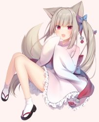 Rule 34 | 1girl, :d, amashiro natsuki, animal ears, bad id, bad pixiv id, bow, commentary request, fang, fox ears, fox tail, frilled kimono, frills, full body, hair bow, highres, japanese clothes, kimono, long hair, open mouth, original, red eyes, sash, short kimono, side ponytail, silver hair, smile, solo, tail, wide sleeves