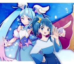 Rule 34 | 2girls, ahoge, blue bow, blue cape, blue dress, blue eyes, blue hair, blue shirt, blue skirt, bow, cape, commentary, cure sky, cut bangs, detached sleeves, dress, dress bow, dual persona, earrings, fingerless gloves, frilled dress, frills, fringe trim, gloves, gradient hair, hair bow, hand on own hip, highres, hirogaru sky! precure, jewelry, long hair, looking at viewer, magical girl, multicolored hair, multiple girls, one eye closed, open mouth, pink bow, pink hair, pleated skirt, precure, puffy detached sleeves, puffy sleeves, red cape, shirt, short dress, side ponytail, single sidelock, skirt, sleeveless, sleeveless dress, smile, sora harewataru, standing, streaked hair, twintails, two-sided cape, two-sided fabric, two-tone dress, two-tone hair, two-tone shirt, usoco, v-neck, very long hair, waving, white dress, white gloves, white shirt, wide sleeves, wing hair ornament, yellow bow