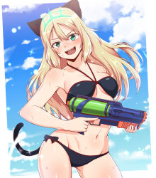 Rule 34 | 1girl, animal ears, armpits, bare shoulders, bikini, blonde hair, cat ears, cat tail, green eyes, groin, heinrike prinzessin zu sayn-wittgenstein, hirschgeweih antennas, liar lawyer, long hair, looking at viewer, navel, noble witches, open mouth, solo, swimsuit, tail, water gun, wet, world witches series