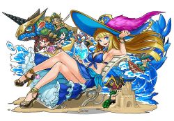Rule 34 | 3boys, 3girls, :d, anne &amp; mary (p&amp;d), awilda (p&amp;d), bartholomew (p&amp;d), beach, bikini, blackbeard (p&amp;d), blonde hair, blue bikini, blue eyes, breasts, captain kidd (p&amp;d), chibi, cleavage, dragon, hat, high heels, hino shinnosuke, large breasts, long hair, multiple boys, multiple girls, open mouth, pirate hat, puzzle &amp; dragons, sand castle, sand sculpture, simple background, sitting, smile, solo focus, star (symbol), surfboard, swimsuit, tamadra, water, waves, white background