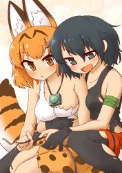 Rule 34 | 2girls, 370ml, animal ear fluff, animal ears, areola slip, bandaged arm, bandages, black eyes, black gloves, black hair, black shirt, blush, breasts, closed mouth, commentary, floral background, gloves, holding, hug, hug from behind, jewelry, kaban (kemono friends), kemono friends, pantyhose under shorts, light frown, medium breasts, multiple girls, necklace, open mouth, orange eyes, orange hair, orange sarong, pantyhose, print sarong, red shorts, rope, sarong, serval (kemono friends), serval print, serval tail, shirt, short hair, shorts, sitting, smile, striped tail, tail, tank top, tied shirt, torn clothes, torn legwear, torn shirt, white shirt, yuri