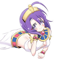 Rule 34 | 1girl, ahoge, arm support, blush, breasts, cleavage, closed mouth, egyptian clothes, eyebrows hidden by hair, hihkunhihkun, jashin-chan dropkick, looking at viewer, lying, medusa (jashin-chan dropkick), no bra, on stomach, purple eyes, purple hair, shiny skin, short hair, simple background, small breasts, smile, solo, white background