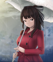 Rule 34 | 1girl, absurdres, aqua eyes, artist name, artist request, audrey (love live!), belt, black bow, blue eyes, blush, bow, bow hairband, breasts, brown eyes, brown hair, buttons, closed umbrella, cloud, coat, collared coat, day, dress, female focus, grey sky, hair between eyes, hair bow, hairband, half updo, high ponytail, highres, holding, holding umbrella, long hair, long sleeves, looking at viewer, love live!, love live! nijigasaki high school idol club, love live! school idol festival, medium breasts, miniskirt, osaka shizuku, outdoors, parted lips, plaid, plaid skirt, pleated, pleated skirt, ponytail, rain, red belt, red bow, red coat, red dress, red ribbon, red skirt, ribbon, sidelocks, skirt, sky, smile, solo, striped, striped bow, trench coat, umbrella, white bow, wing collar