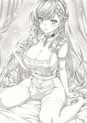 Rule 34 | 1girl, apron, azur lane, belfast (azur lane), braid, breasts, broken, broken chain, chain, choker, cleavage, feathers, french braid, graphite (medium), greyscale, large breasts, long hair, looking at viewer, mikuro, monochrome, naked apron, sitting, solo, thighhighs, traditional media, very long hair, wariza