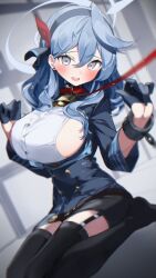 Rule 34 | 1girl, ako (blue archive), animal collar, bell, black gloves, black hairband, black skirt, black thighhighs, blue archive, blue hair, blurry, blush, breasts, collar, commentary request, cowbell, cowlick, cuffs, depth of field, earrings, full body, furrowed brow, garter straps, gloves, grey eyes, hair between eyes, hairband, half gloves, halo, highres, jewelry, kikurage tom., large breasts, leash, looking at viewer, medium hair, neck bell, no shoes, open mouth, seiza, sideboob, sitting, skirt, solo, thighhighs, viewer holding leash