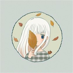 Rule 34 | 1girl, ayu (mog), black eyes, blush, closed mouth, framed, grey sweater, holding, holding leaf, leaf, long hair, long sleeves, looking at viewer, original, signature, solo, sweater, symbol-only commentary, unmoving pattern, upper body, white hair, | |, || ||