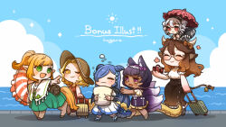 6+girls animal_ears arachne arthropod_girl blonde_hair blue_hair blue_sky brown_hair centaur chibi cloud commentary_request commission cow_ears cow_girl cow_horns cow_tail day dragon_girl dragon_horns dragon_tail dragon_wings dress fox_ears fox_girl fox_tail full_body green_eyes hat hogara holding holding_suitcase holding_swim_ring holding_umbrella horns hugging_object innertube insect_girl kitsune lamia long_hair monster_girl multiple_girls multiple_tails ocean on_head original outdoors person_on_head pillow pillow_hug pointing pointy_ears ponytail purple_eyes red_eyes rolling_suitcase short_hair skeb_commission sky sleepy spider_girl squeans suitcase sun_hat swim_ring tail taur umbrella walking wings yellow_eyes