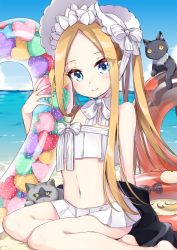 Rule 34 | 1girl, abigail williams (fate), abigail williams (swimsuit foreigner) (fate), abigail williams (swimsuit foreigner) (third ascension) (fate), animal, bare arms, bare legs, bare shoulders, barefoot, bikini, black cat, black jacket, blonde hair, blue eyes, blue sky, blush, bonnet, bow, cat, closed mouth, cloud, commentary request, day, fate/grand order, fate (series), forehead, hair bow, heart, highres, horizon, innertube, inumine aya, jacket, long hair, looking at viewer, navel, ocean, outdoors, parted bangs, polka dot, sitting, sky, smile, solo, strapless, strapless bikini, striped, striped bow, swim ring, swimsuit, twintails, very long hair, water, white bikini, white bow, white headwear, yokozuwari