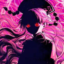 Rule 34 | 1girl, backlighting, dress, floating hair, hat, junko (touhou), kaigen 1025, limited palette, long hair, pink background, red eyes, shaded face, solo, touhou, upper body, wide-eyed, wind