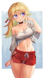 Rule 34 | 1girl, bare shoulders, black choker, blonde hair, choker, collarbone, commentary request, copyright request, green hair, highres, long hair, looking to the side, midriff, mitake eil, multicolored hair, navel, off-shoulder shirt, off shoulder, purple eyes, red shorts, shirt, shorts, solo, thighs, tied shirt, two-tone hair, white shirt