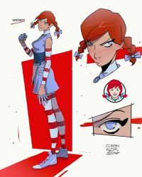 Rule 34 | 1girl, alt text, bare shoulders, blue eyes, bow, braid, breasts, coran stone, detached sleeves, dress, freckles, highres, medium breasts, red hair, signature, smile, solo, striped clothes, striped thighhighs, thighhighs, twin braids, wendy&#039;s, wendy (wendy&#039;s)
