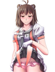 Rule 34 | 1girl, antenna hair, black neckerchief, black skirt, breasts, brown eyes, brown hair, clothes lift, cowboy shot, double bun, gloves, hair bun, highres, kantai collection, kkkowy0913, lifting own clothes, miniskirt, naka (kancolle), naka kai ni (kancolle), neckerchief, panties, pink panties, pleated skirt, puffy short sleeves, puffy sleeves, school uniform, scowl, serafuku, short sleeves, skirt, skirt lift, small breasts, solo, standing, underwear, white gloves