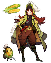 Rule 34 | 1girl, absurdres, belt, blue eyes, boots, closed eyes, coat, commentary, corn, corn cob, gloves, green coat, green footwear, hand on own hip, helmet, highres, long hair, original, pants, personification, plume, pocket, red hair, rinotuna, sheath, sheathed, shield, simple background, standing, sword, symbol-only commentary, weapon, white background