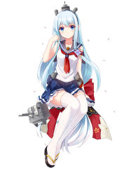 Rule 34 | 1girl, absurdres, allenes, aqua hair, blue eyes, blue hair, breasts, cannon, collarbone, fubuki (warship girls r), full body, hairband, hand in own hair, highres, knees together feet apart, legs together, light smile, long hair, looking at viewer, matching hair/eyes, mecha musume, military, military vehicle, miniskirt, neckerchief, official art, petals, pleated skirt, ruffling hair, sandals, school uniform, serafuku, ship, shirayuki (warship girls r), short sleeves, simple background, sitting, skirt, small breasts, solo, thighhighs, turret, very long hair, warship, warship girls r, watercraft, white background, white thighhighs