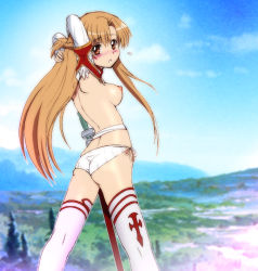 Rule 34 | 10s, 1girl, ass, asuna (sao), back, bare shoulders, belt, blush, breasts, brown eyes, brown hair, detached sleeves, female focus, harukigenia, lace, lace panties, large breasts, long hair, looking at viewer, nipples, open mouth, outdoors, panties, striped blush, sword, sword art online, thighhighs, underwear, weapon, white panties, white thighhighs