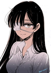 Rule 34 | 1girl, black hair, blush, breasts, brown eyes, buttons, closed mouth, collared shirt, commentary request, dress shirt, eyepatch, grey shirt, long hair, looking at viewer, medical eyepatch, medium breasts, mole, mole under eye, one eye covered, original, shirt, signature, simple background, solo, sugano manami, unkempt, upper body, white background