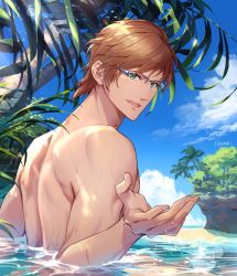 Rule 34 | 1boy, artist name, blue sky, brown hair, cloud, final fantasy, final fantasy xv, glasses, green eyes, hair between eyes, hair down, hinoe (dd works), ignis scientia, looking at viewer, looking back, male focus, muscular, muscular male, ocean, open mouth, outdoors, outstretched hand, palm tree, partially submerged, short hair, signature, sky, smile, solo, topless male, tree, upper body, wet