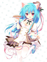 Rule 34 | 1girl, :d, amanagi seiji, animal ears, black ribbon, blue footwear, blue hair, box, breasts, brown skirt, cat ears, cat tail, cleavage, crown, dessert, detached collar, dress, food, fork, frilled thighhighs, frills, gift, gift box, hat, loafers, long hair, mini hat, mini top hat, neck ribbon, open mouth, original, pink ribbon, pleated skirt, puffy short sleeves, puffy sleeves, red eyes, ribbon, shoes, short sleeves, skirt, skirt hold, smile, solo, spoon, standing, standing on one leg, striped clothes, striped skirt, tail, thighhighs, top hat, tray, triangle, very long hair, white thighhighs, wrist cuffs