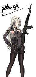 Rule 34 | 1girl, ammunition belt, an-94, an-94 (girls&#039; frontline), assault rifle, belt, black gloves, black hairband, black pantyhose, blush, breasts, character name, closed mouth, covered navel, doldoriaa, feet out of frame, girls&#039; frontline, gloves, gun, hairband, hand on own hip, highres, holding, holding gun, holding weapon, leotard, long hair, looking away, pantyhose, platinum blonde hair, playboy bunny, rifle, small breasts, solo, standing, weapon, white background