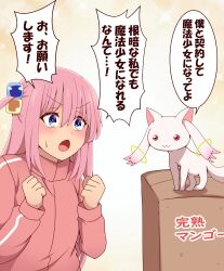 Rule 34 | 1girl, 1other, bocchi the rock!, box, cardboard box, clenched hands, commentary request, crossover, cube hair ornament, gotoh hitori, green eyes, hair between eyes, hair ornament, highres, jacket, kyubey, long hair, long sleeves, looking at another, mahou shoujo madoka magica, mahou shoujo madoka magica (anime), one side up, pink hair, pink jacket, sidelocks, speech bubble, suwaneko, track jacket, translation request