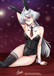Rule 34 | 1girl, adsouto, ahoge, alternate costume, animal ears, arm support, arm up, breasts, detached collar, fake animal ears, fishnet pantyhose, fishnets, grey eyes, grey hair, gundam, gundam suisei no majo, highres, leotard, long hair, looking at viewer, medium breasts, miorine rembran, necktie, pantyhose, playboy bunny, rabbit ears, signature, single thighhigh, solo, strapless, strapless leotard, swept bangs, thighhighs, wrist cuffs