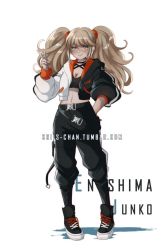 Rule 34 | 1girl, arm behind back, belt, black jacket, black pants, blonde hair, blue eyes, breasts, character name, choker, cleavage, commentary, criis-chan, criss-cross halter, cropped jacket, danganronpa: trigger happy havoc, danganronpa (series), enoshima junko, full body, hair ornament, halterneck, hand up, jacket, long hair, long sleeves, medium breasts, navel, pants, puffy long sleeves, puffy sleeves, red jacket, shoes, simple background, smile, sneakers, solo, standing, stomach, twintails, twitter username, v, white background, white jacket