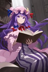 Rule 34 | 1girl, absurdres, blue bow, blue ribbon, book, bow, bowtie, capelet, commentary request, dress, frilled dress, frills, hair bow, hat, hat ribbon, highres, holding, holding book, jacket, library, long hair, long sleeves, maizumi, patchouli knowledge, pink capelet, pink hat, pink jacket, purple dress, purple eyes, purple hair, red bow, red bowtie, red ribbon, ribbon, sitting, solo, striped clothes, striped dress, touhou, upper body, vertical-striped clothes, vertical-striped dress, very long hair, wide sleeves