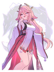 Rule 34 | 1girl, animal ears, breasts, commentary request, detached sleeves, earrings, electricity, fang, fox ears, genshin impact, hair between eyes, highres, japanese clothes, jewelry, long hair, long sleeves, looking at viewer, medium breasts, miko, open mouth, pink hair, purple eyes, solo, tassel, very long hair, wide sleeves, yae miko, zenshin